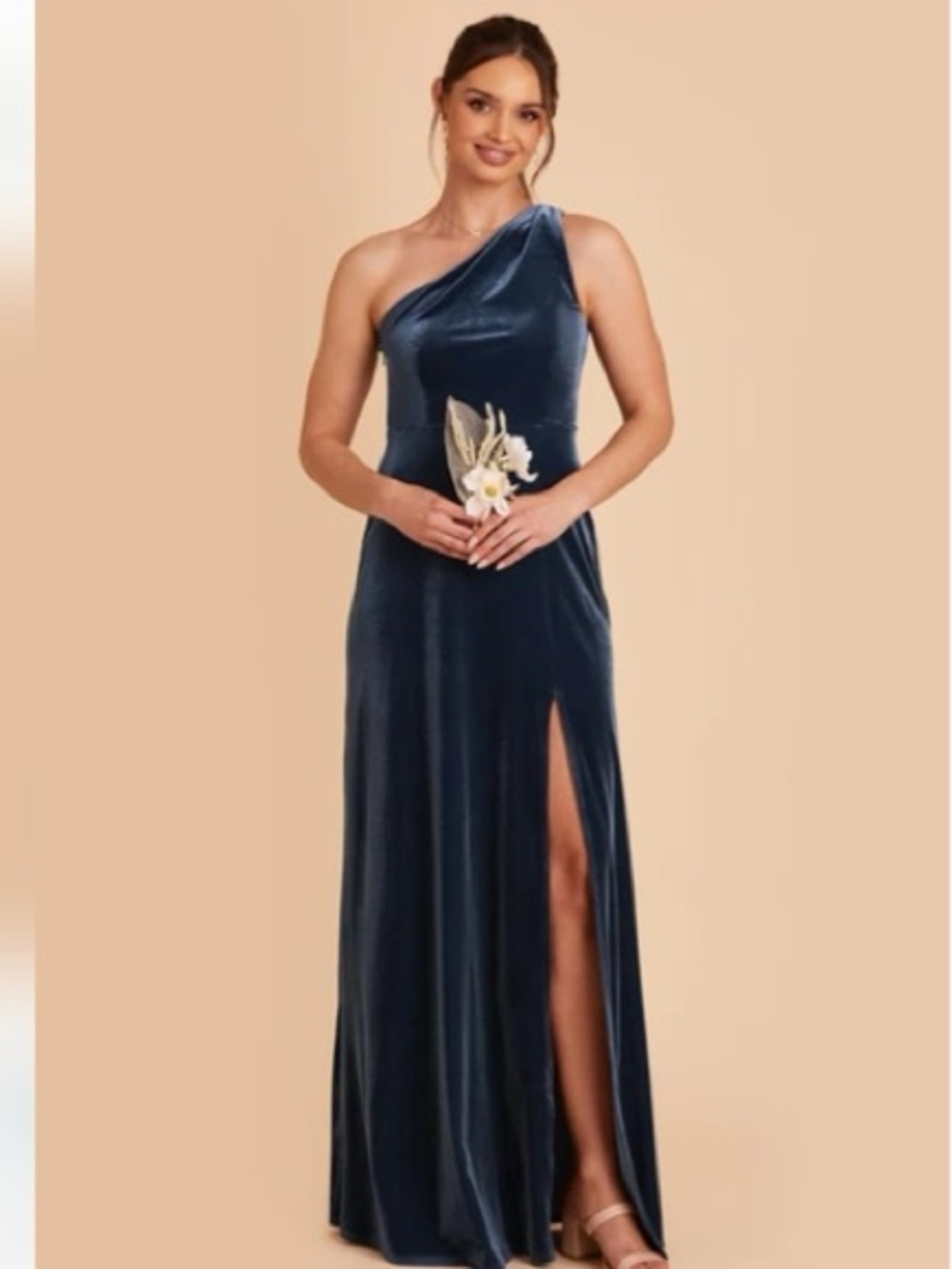 Birdie Grey Kyra One-Shoulder Velvet Gown in Storm Blue